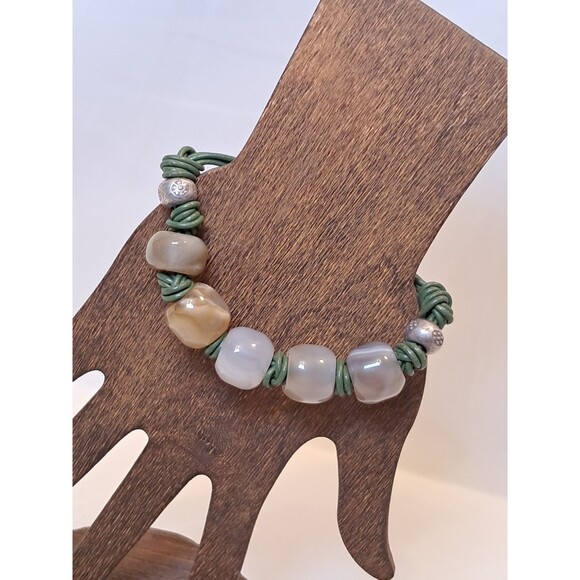 NWT Peyote Agate* Gray Brown Tones Large Gemstones 7.5-8" Bracelet On Green Cord - Picture 1 of 10
